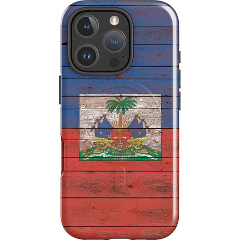 Haiti Flag Dark Wood iPhone 16 Pro Magsafe Impact Case